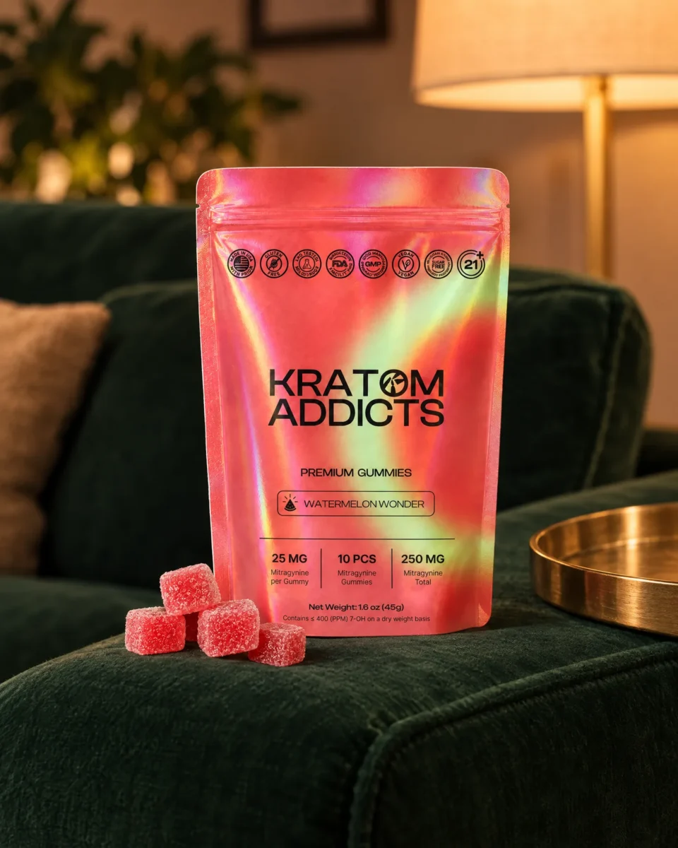 Watermelon Wonder Gummies di Kratom Addicts, la busta e le caramelle sul bracciolo di un divano in velluto