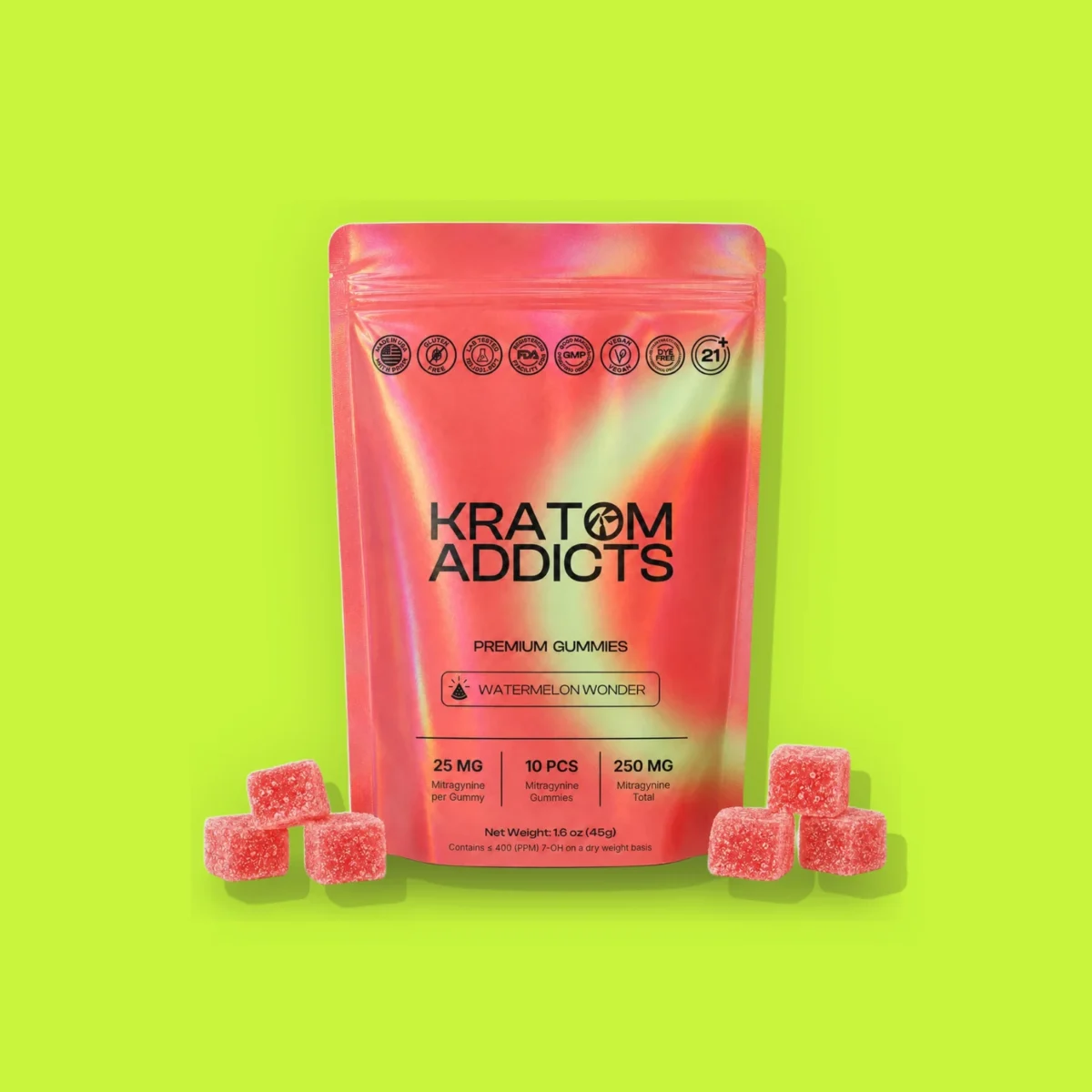 Watermelon Wonder Gummies di Smart Addicts, la confezione su fondo lime