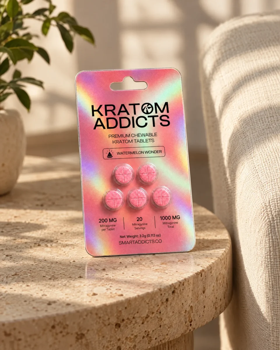 Watermelon Wonder Tabs di Kratom Addicts, il blister su un tavolino in travertino
