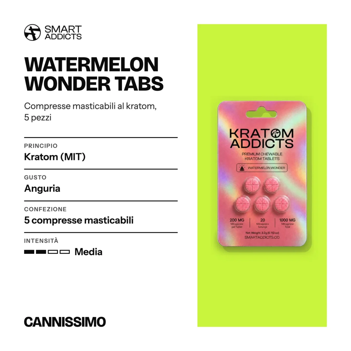 Scheda di Watermelon Wonder Tabs, Smart Addicts. Principio kratom (MIT); gusto anguria; confezione 5 compresse masticabili; intensità media.