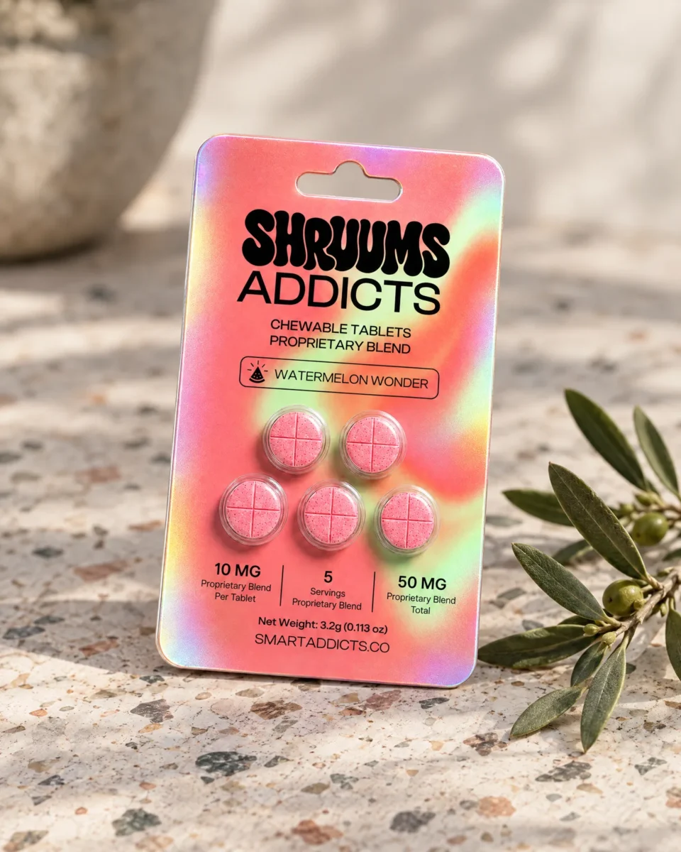 Watermelon Wonder Tabs di Shruums Addicts, il blister su un tavolo in graniglia