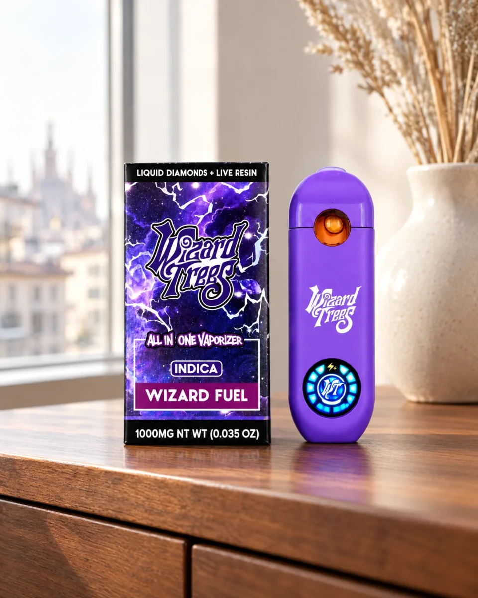 Wizard Fuel di Wizard Trees, confezione e dispositivo su una credenza in noce