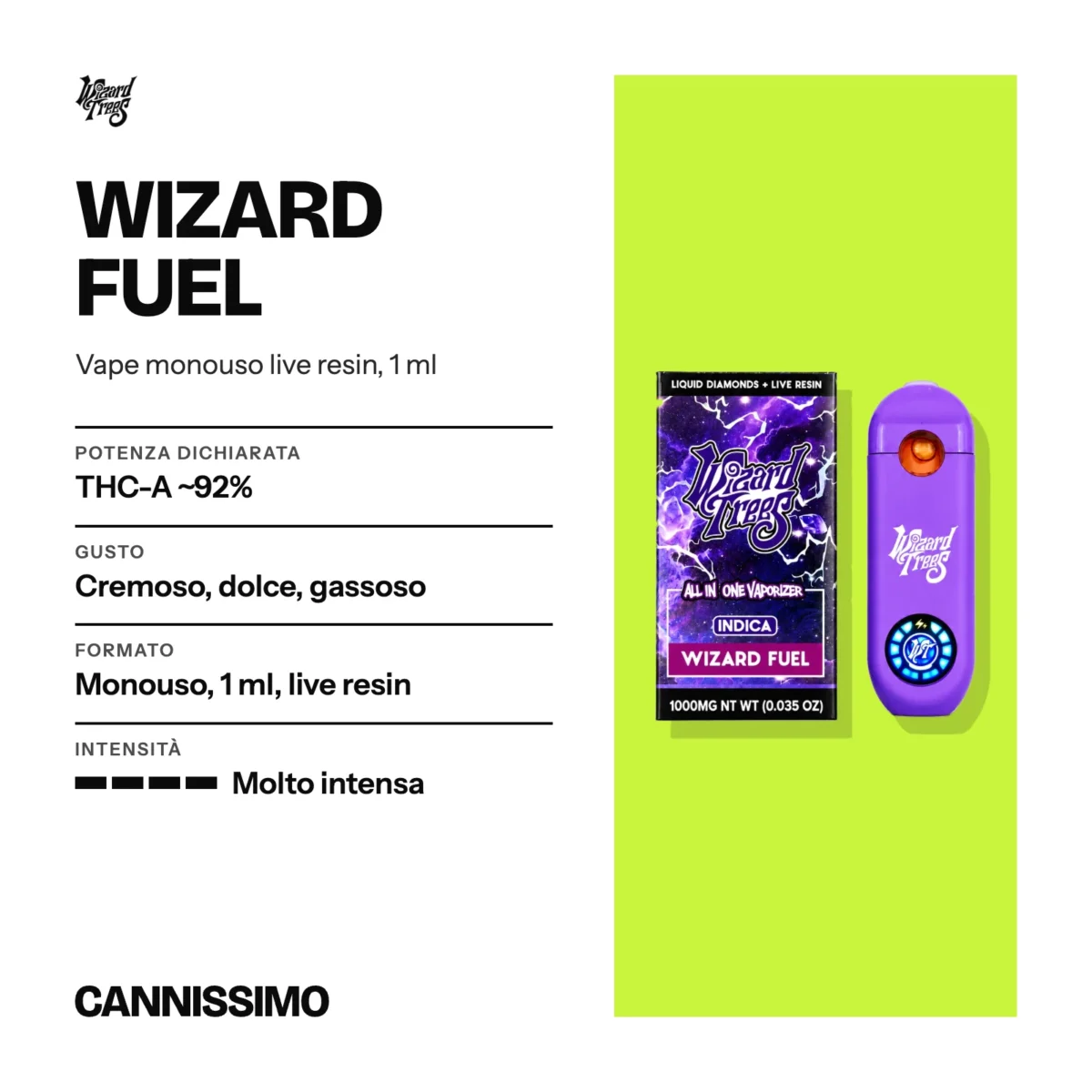 Scheda di Wizard Fuel, Wizard Trees. Potenza dichiarata THC-A ~92%; gusto cremoso, dolce, gassoso; formato monouso, 1 ml, live resin; intensità molto intensa.