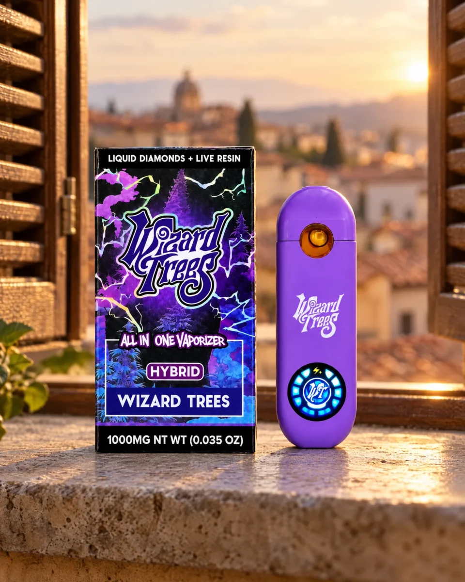 Wizard Trees, confezione e dispositivo su un davanzale in pietra