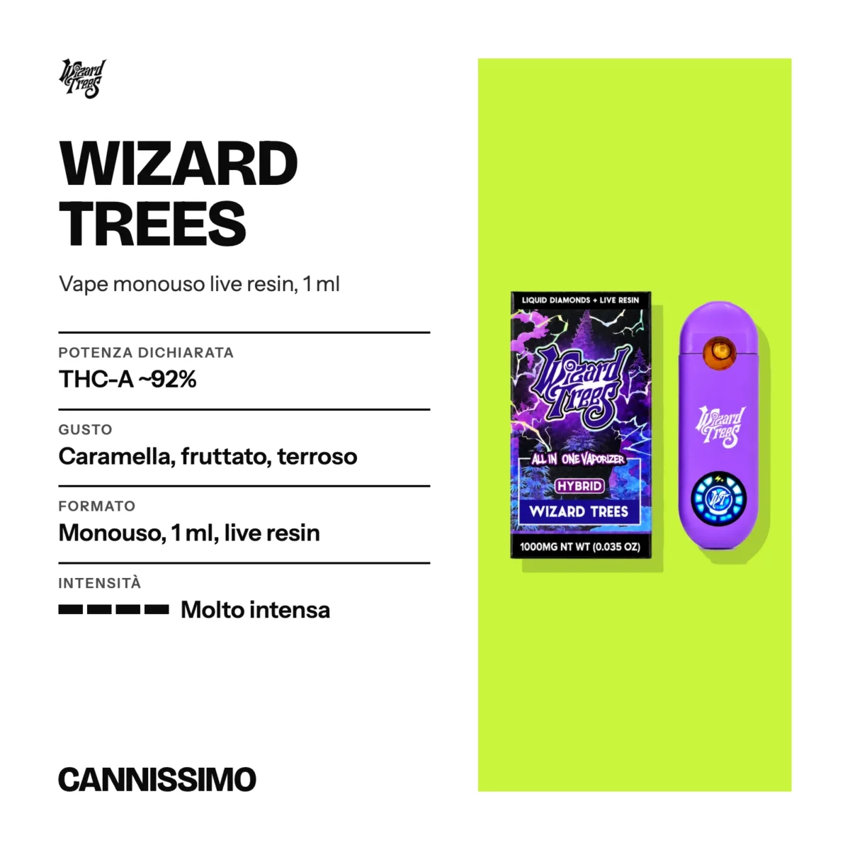 Scheda di Wizard Trees. Potenza dichiarata THC-A ~92%; gusto caramella, fruttato, terroso; formato monouso, 1 ml, live resin; intensità molto intensa.