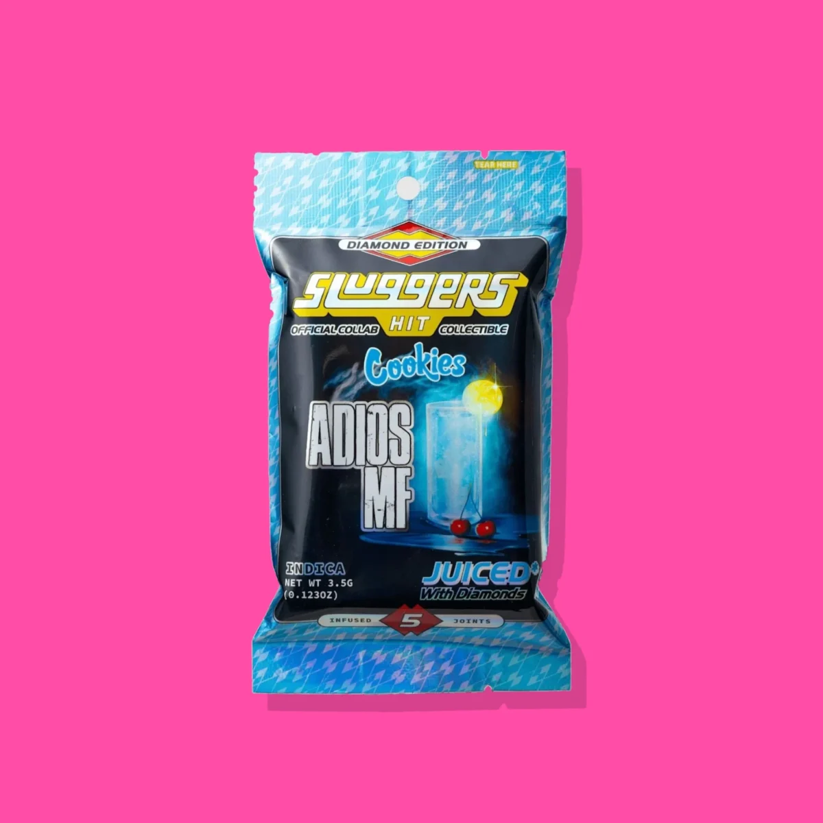Adios MF Pre-roll di Sluggers, la confezione su fondo fucsia