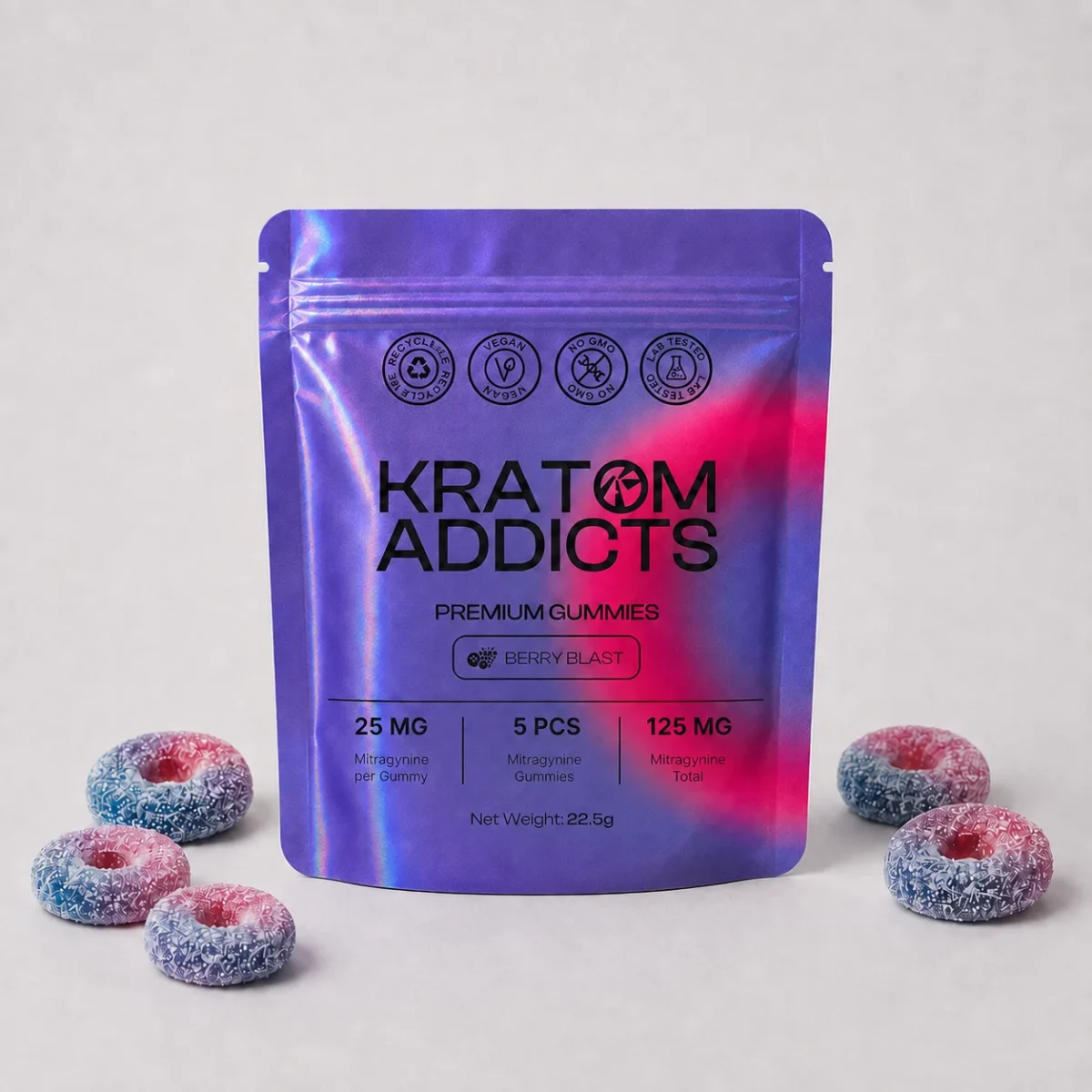 Berry Blast Gummies di Kratom Addicts, busta da 5 pezzi da 25 mg