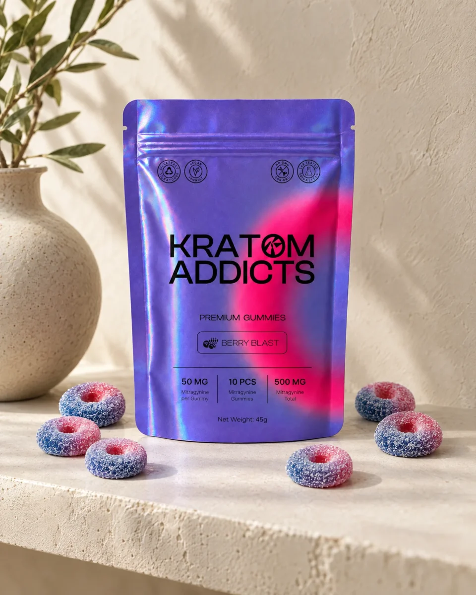 Berry Blast Gummies di Kratom Addicts, la busta e le caramelle su una mensola in calce