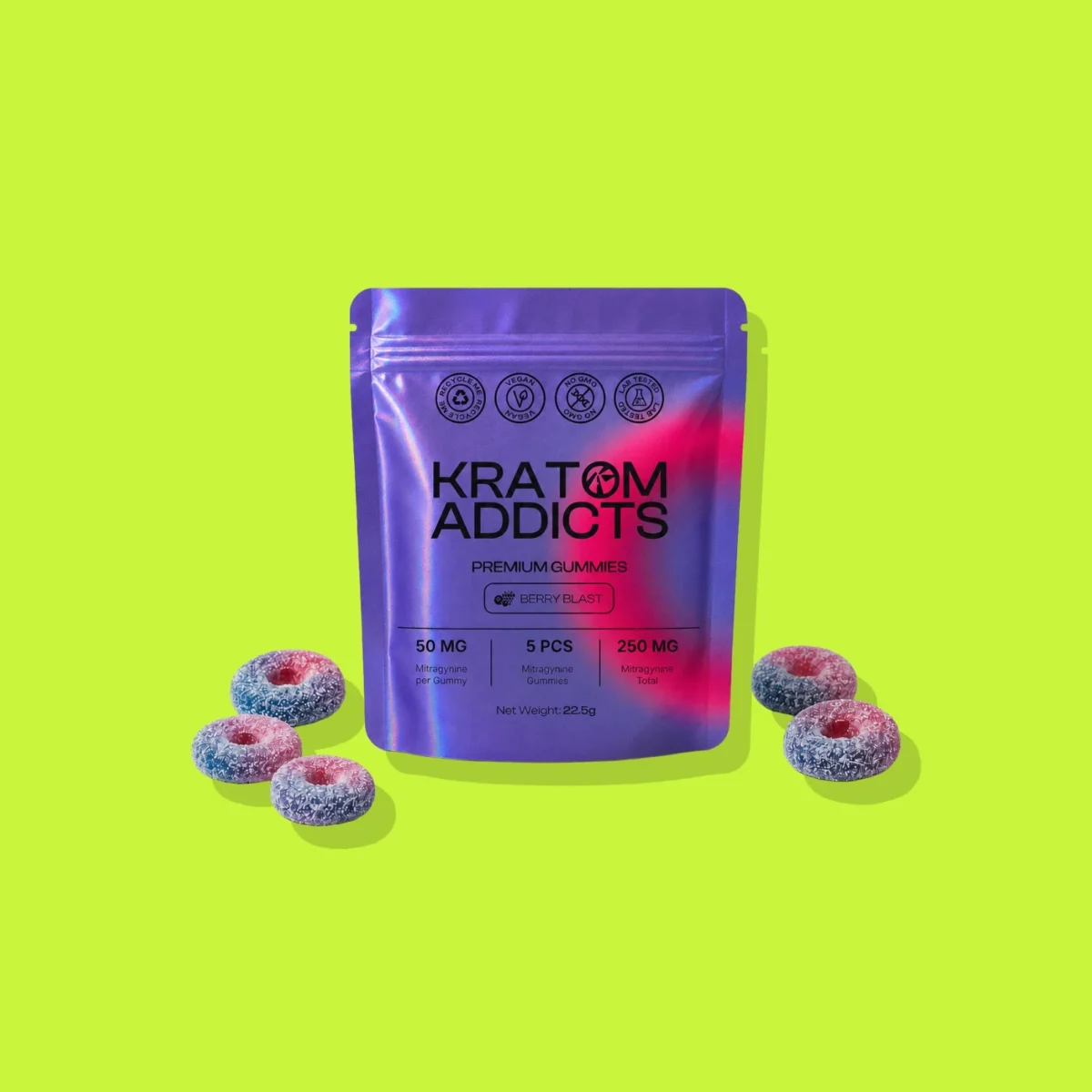 Berry Blast Gummies di Smart Addicts, la confezione su fondo lime