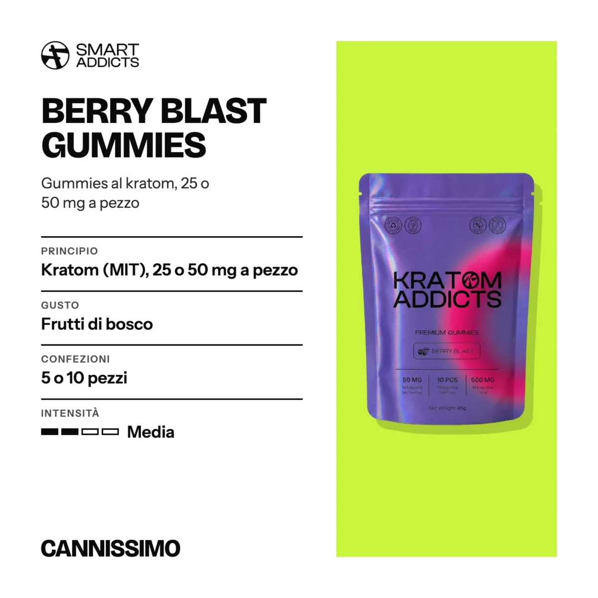 Scheda di Berry Blast Gummies, Smart Addicts. Principio kratom (MIT), 25 o 50 mg a pezzo; gusto frutti di bosco; confezioni 5 o 10 pezzi; intensità media.
