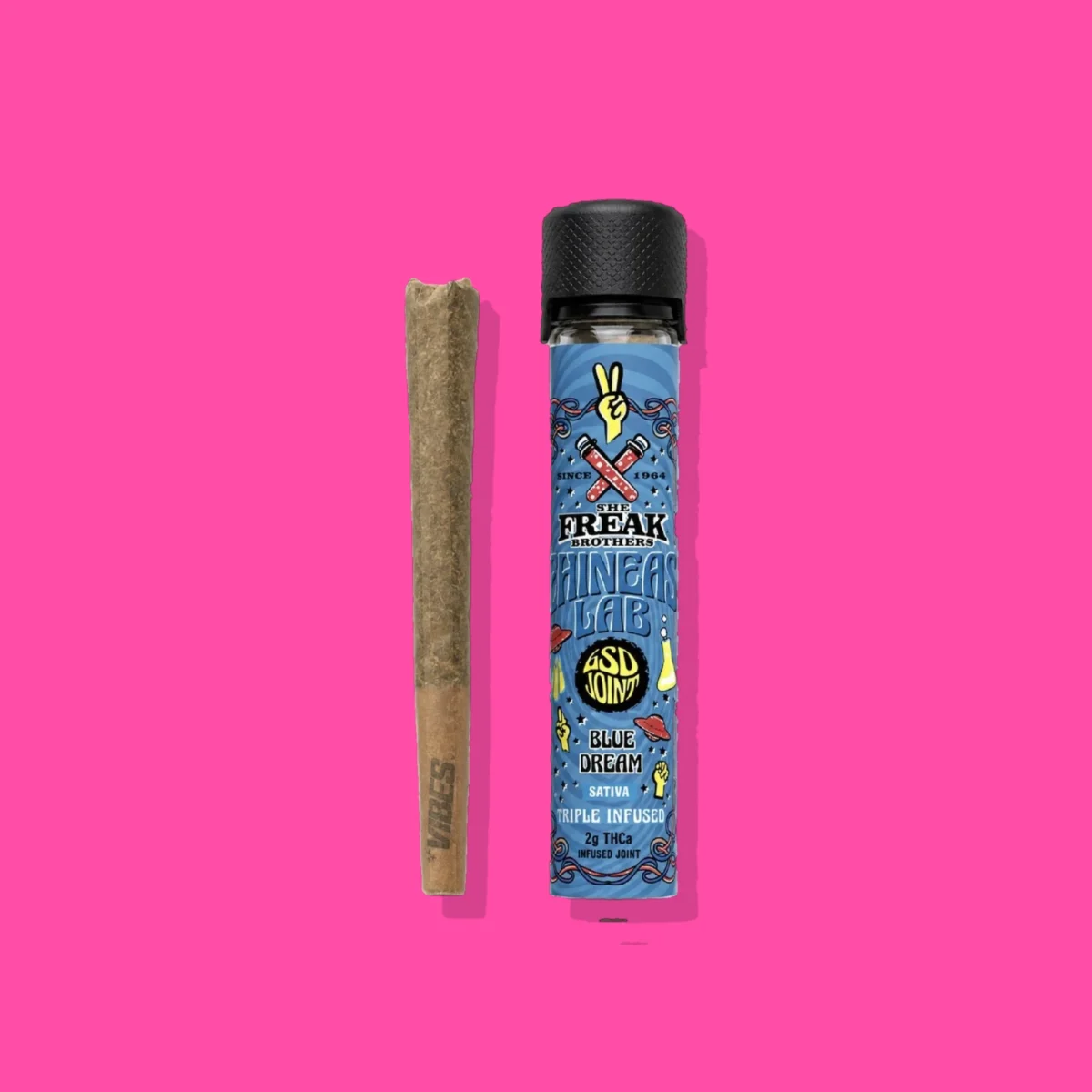 Blue Dream Pre-roll di Freak Brothers, la confezione su fondo fucsia