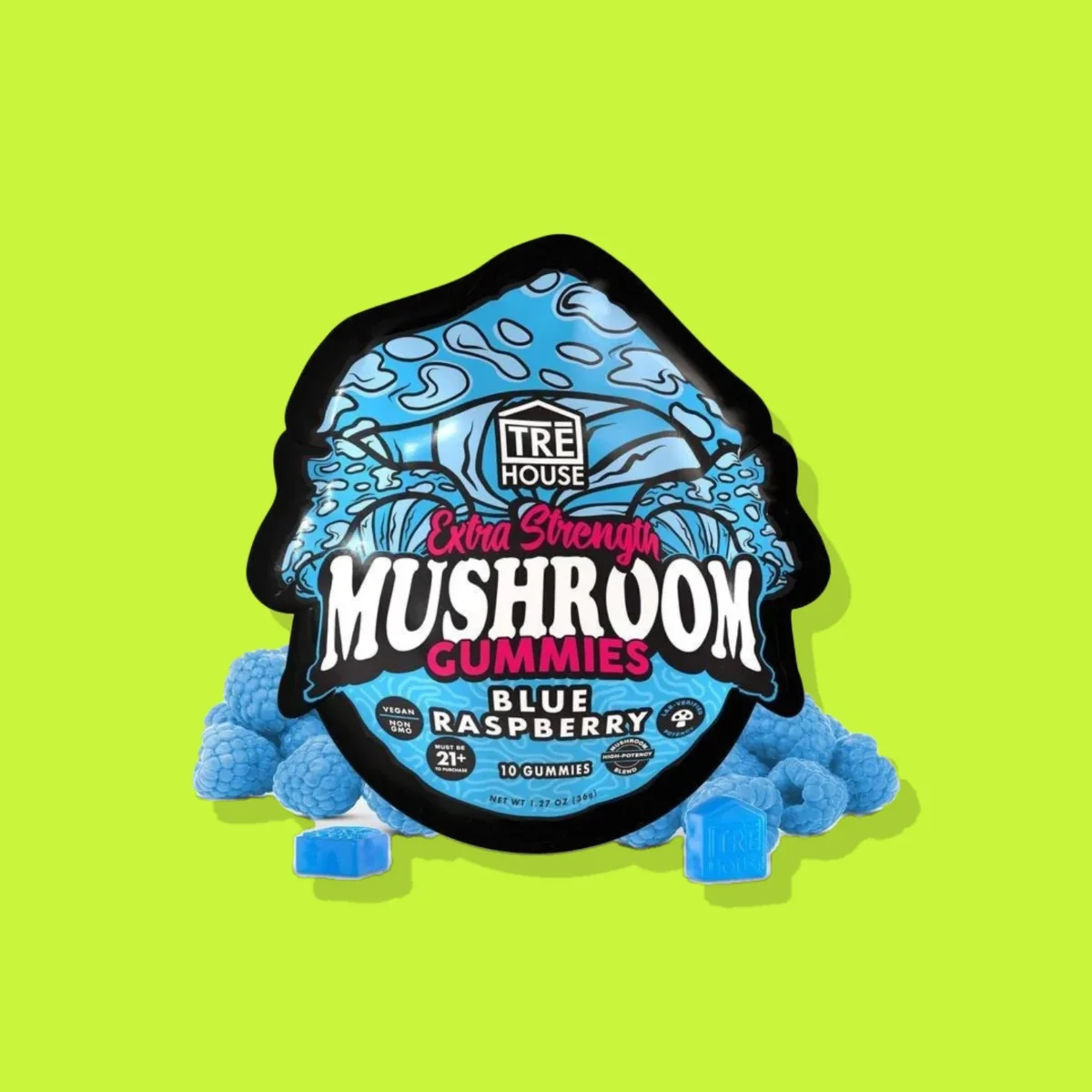 Blue Raspberry Mushroom Gummies di Tre House, la confezione su fondo lime