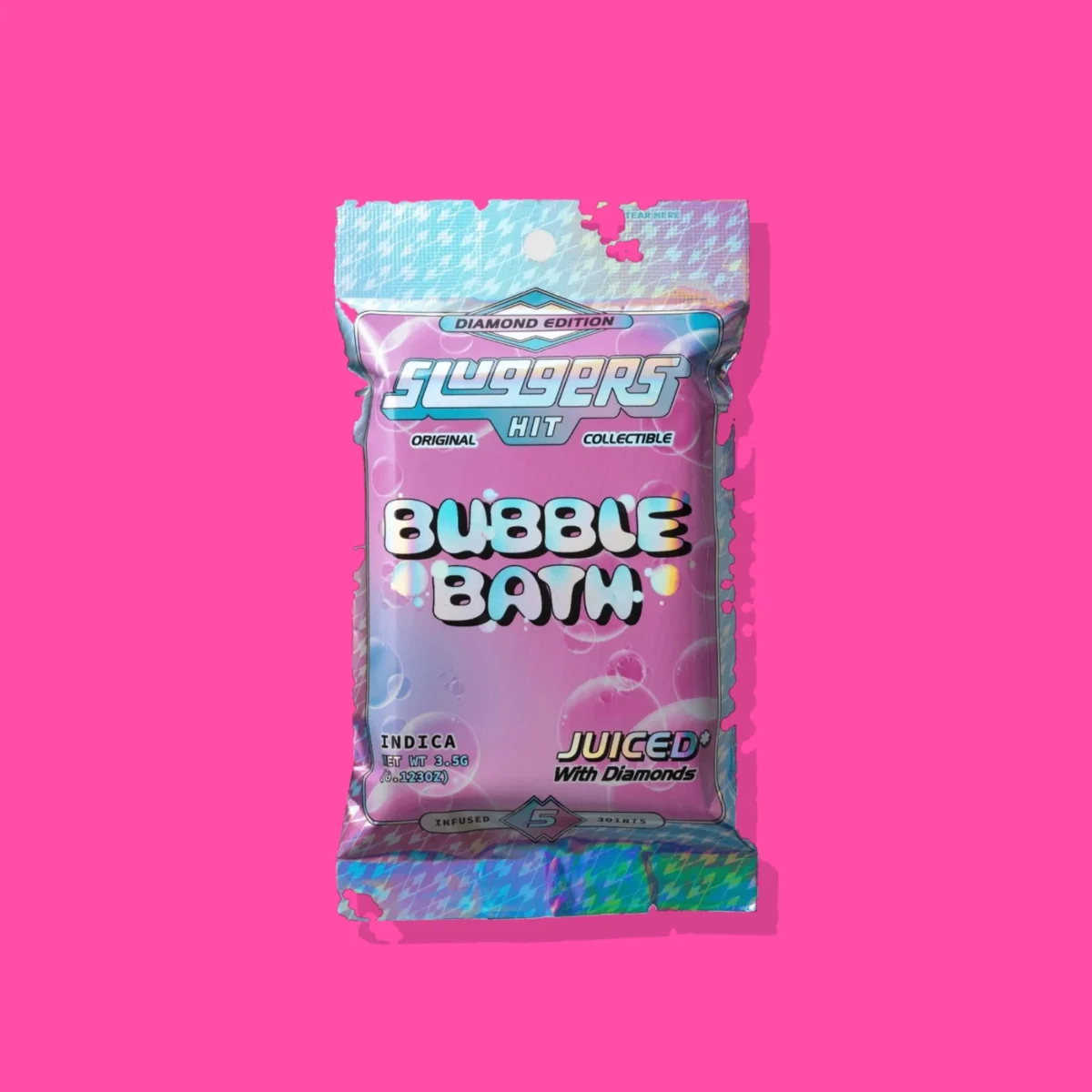 Bubble Bath Pre-roll di Sluggers, la confezione su fondo fucsia