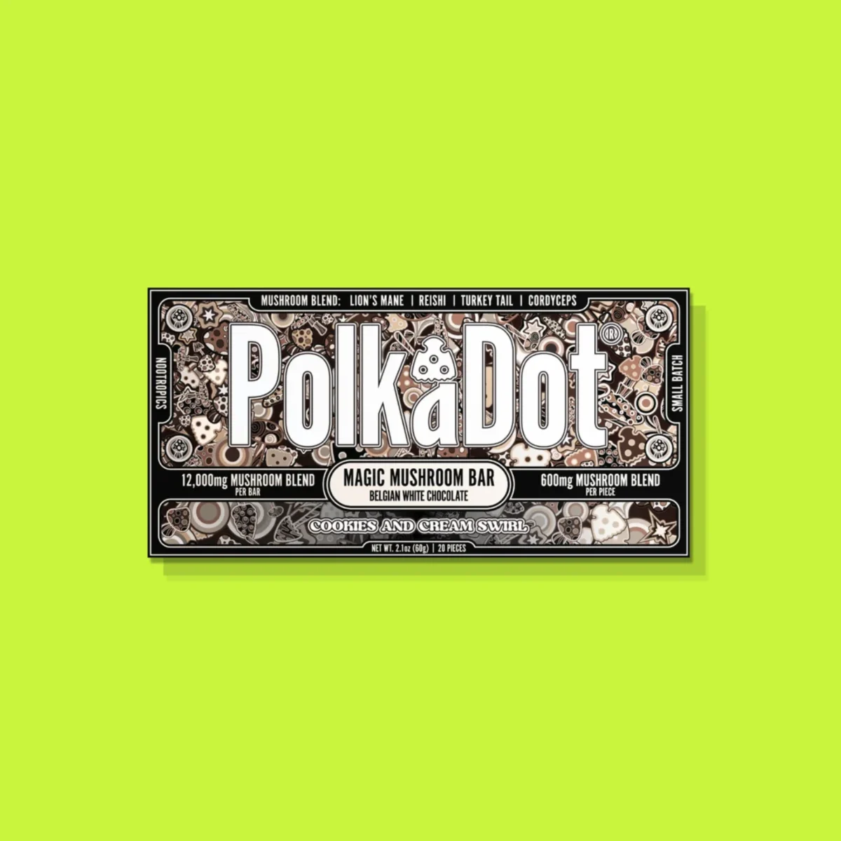 Cookies and Cream Swirl di PolkaDot, la confezione su fondo lime