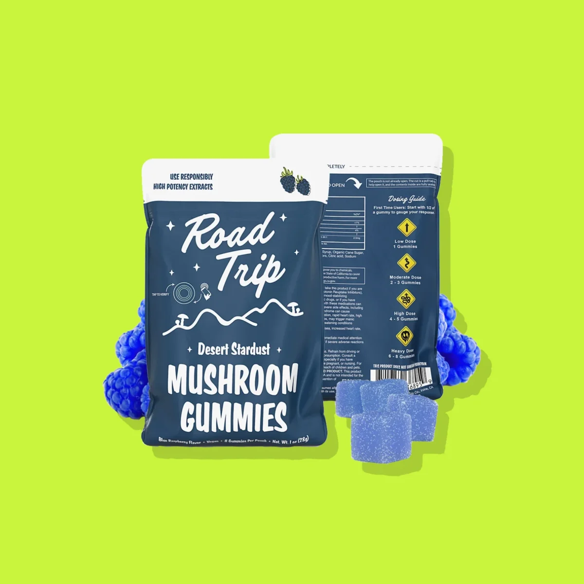 Desert Stardust Blue Raspberry di Road Trip, la confezione su fondo lime