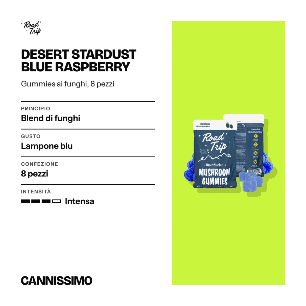 Scheda di Desert Stardust Blue Raspberry, Road Trip. Principio blend di funghi; gusto lampone blu; confezione 8 pezzi; intensità intensa.