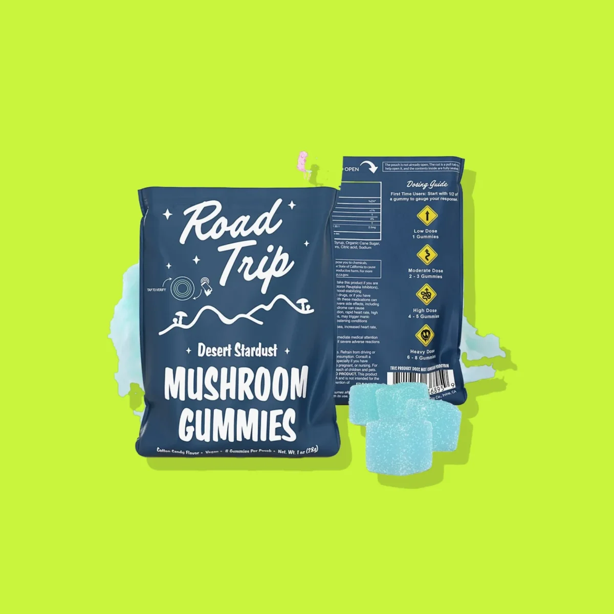 Desert Stardust Cotton Candy di Road Trip, la confezione su fondo lime