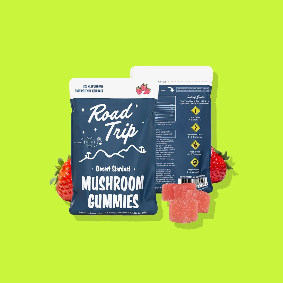 Desert Stardust Strawberry di Road Trip, la confezione su fondo lime