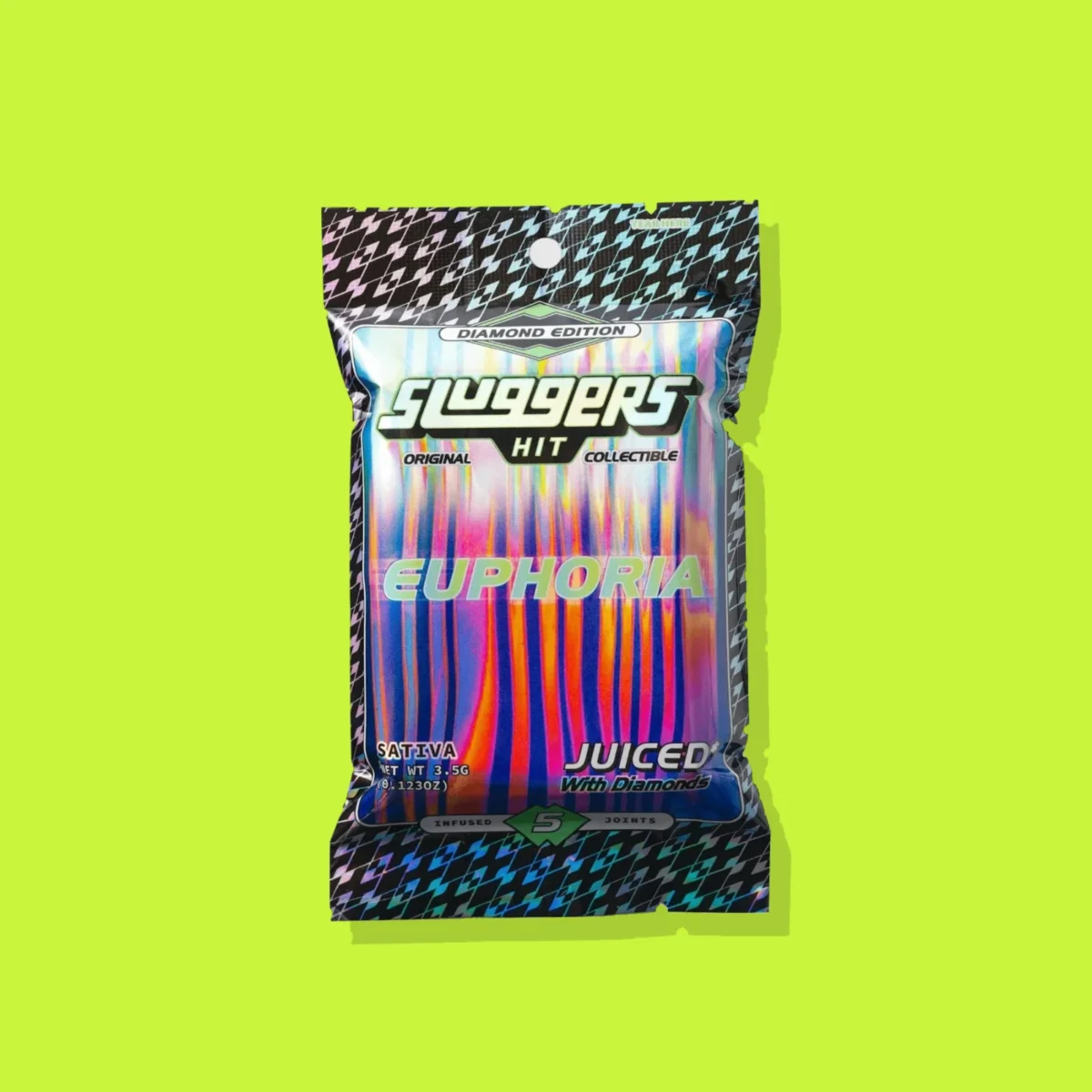 Euphoria Pre-roll di Sluggers, la confezione su fondo lime