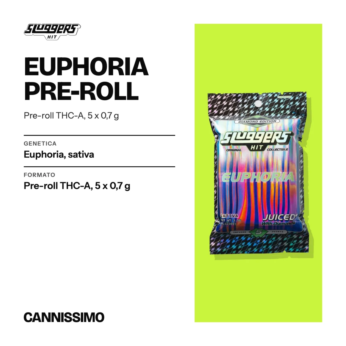 Scheda di Euphoria Pre-roll, Sluggers. Genetica euphoria, sativa; formato pre-roll THC-A, 5 x 0,7 g.