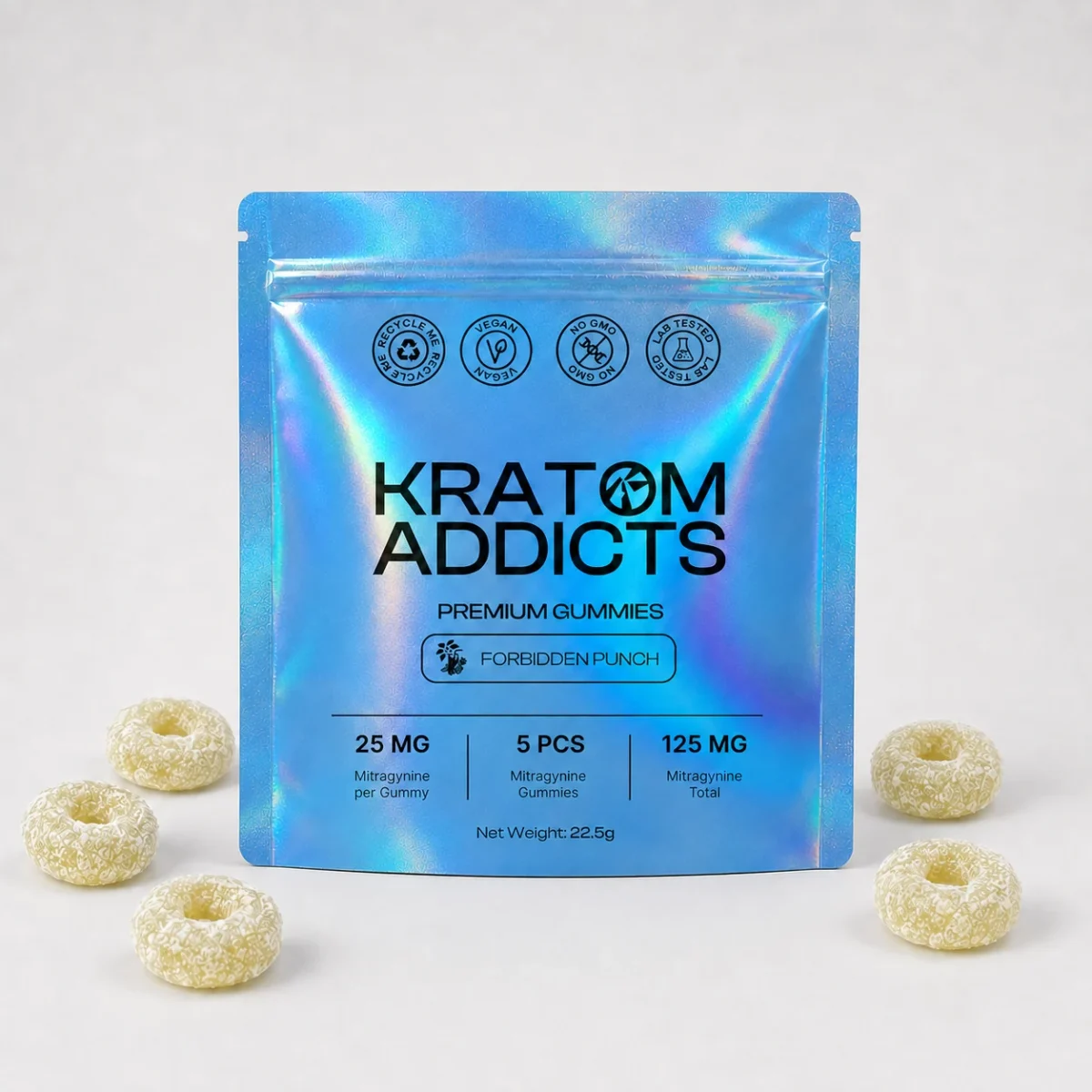 Forbidden Punch Gummies di Kratom Addicts, busta da 5 pezzi da 25 mg