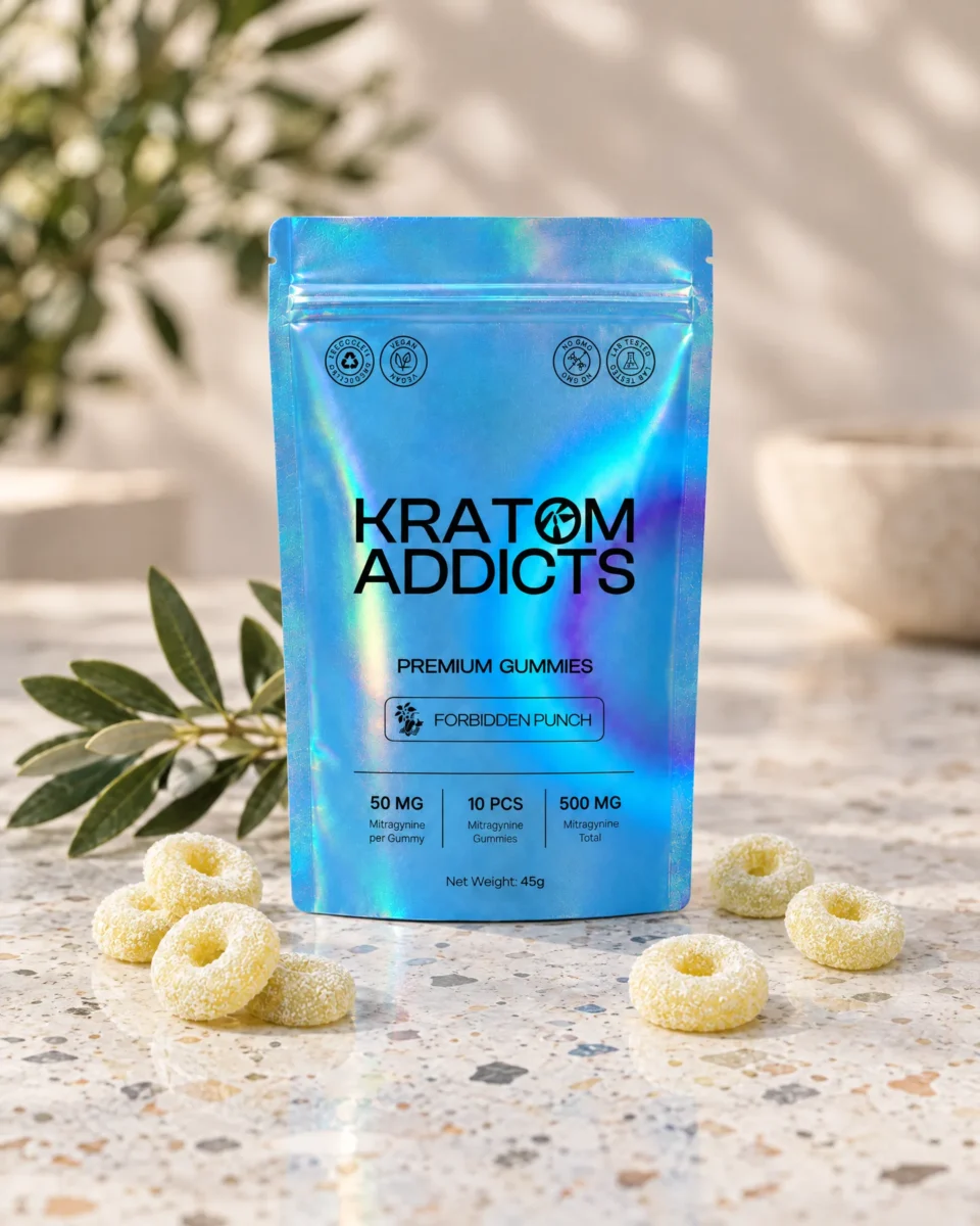 Forbidden Punch Gummies di Kratom Addicts, la busta e le caramelle su un tavolo in graniglia