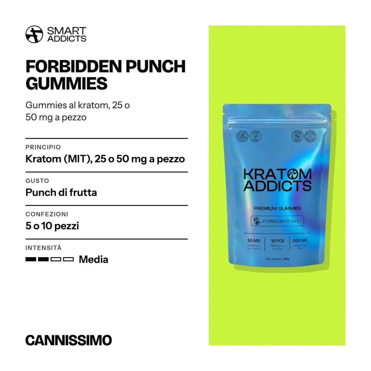 Scheda di Forbidden Punch Gummies, Smart Addicts. Principio kratom (MIT), 25 o 50 mg a pezzo; gusto punch di frutta; confezioni 5 o 10 pezzi; intensità media.