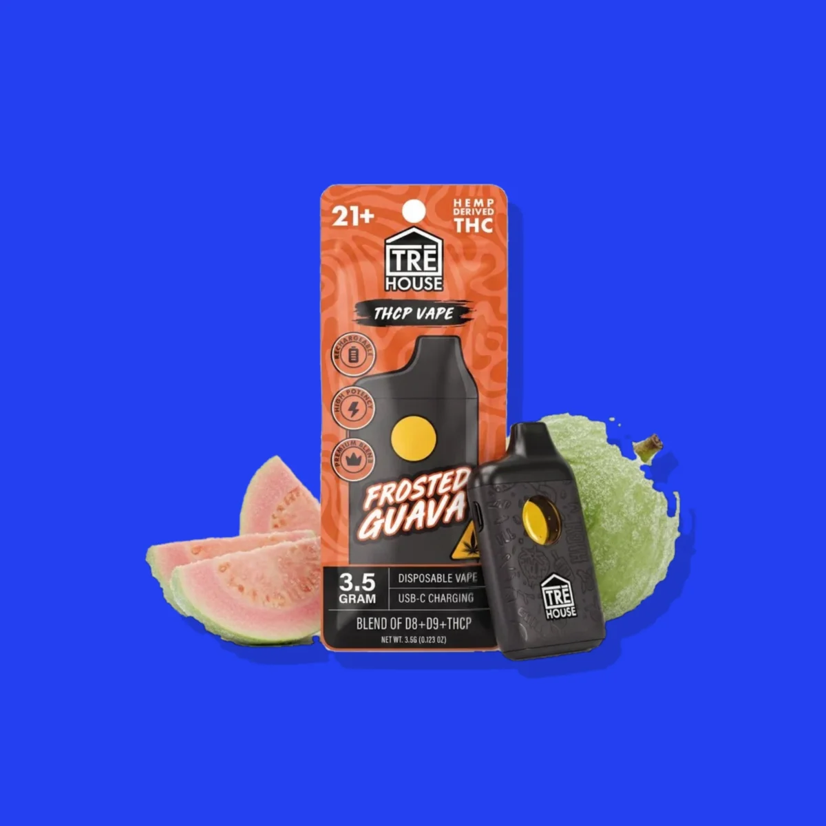 Frosted Guava THC-P di Tre House, la confezione su fondo blu