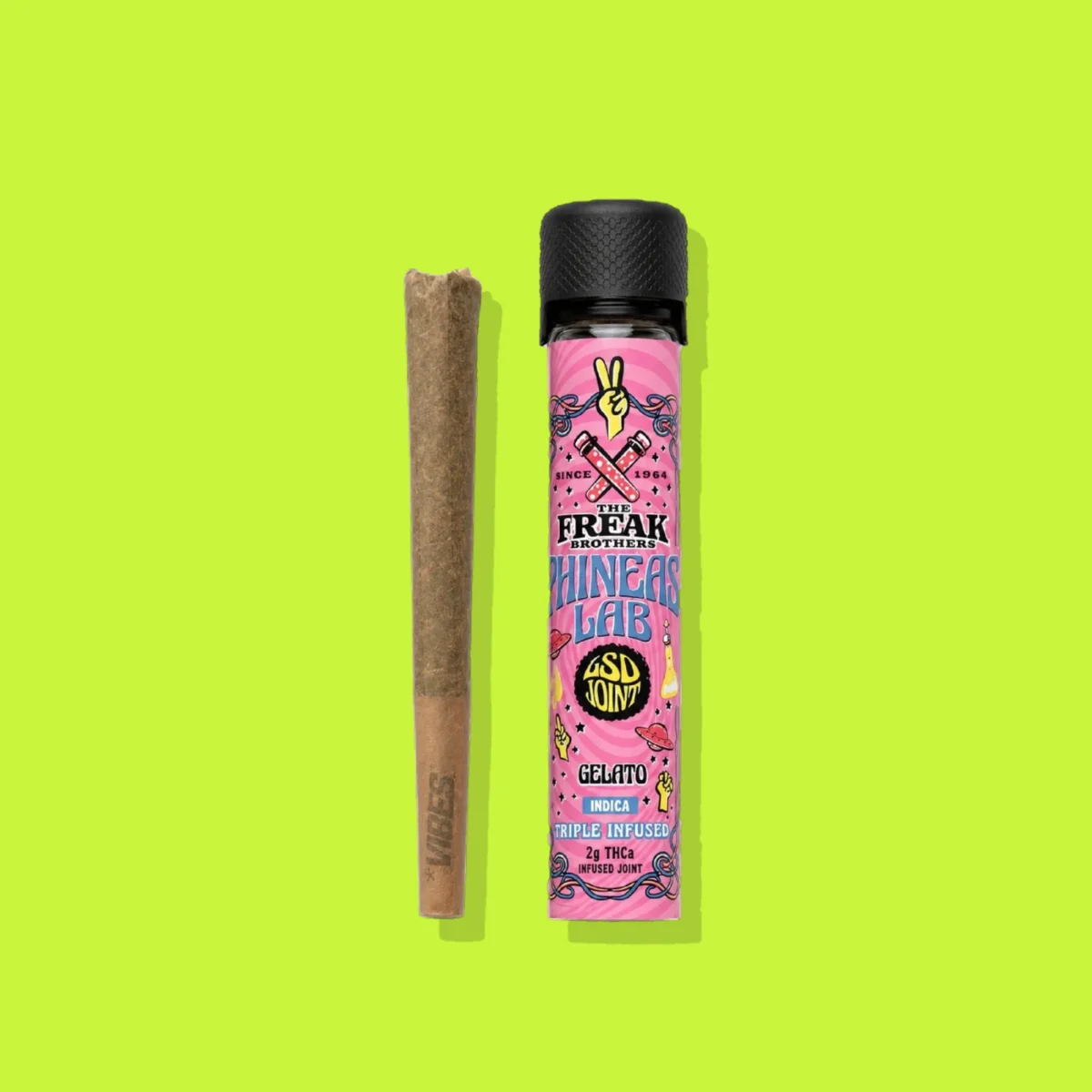 Gelato Pre-roll di Freak Brothers, la confezione su fondo lime