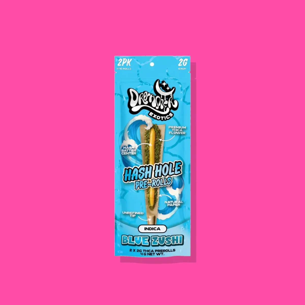 Hash Hole Blue Zushi di Dreamer, la confezione su fondo fucsia