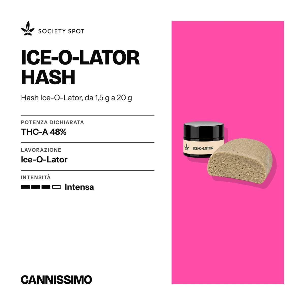 Scheda di Ice-O-Lator Hash, Society Spot. Potenza dichiarata THC-A 48%; lavorazione ice-O-Lator; intensità intensa.