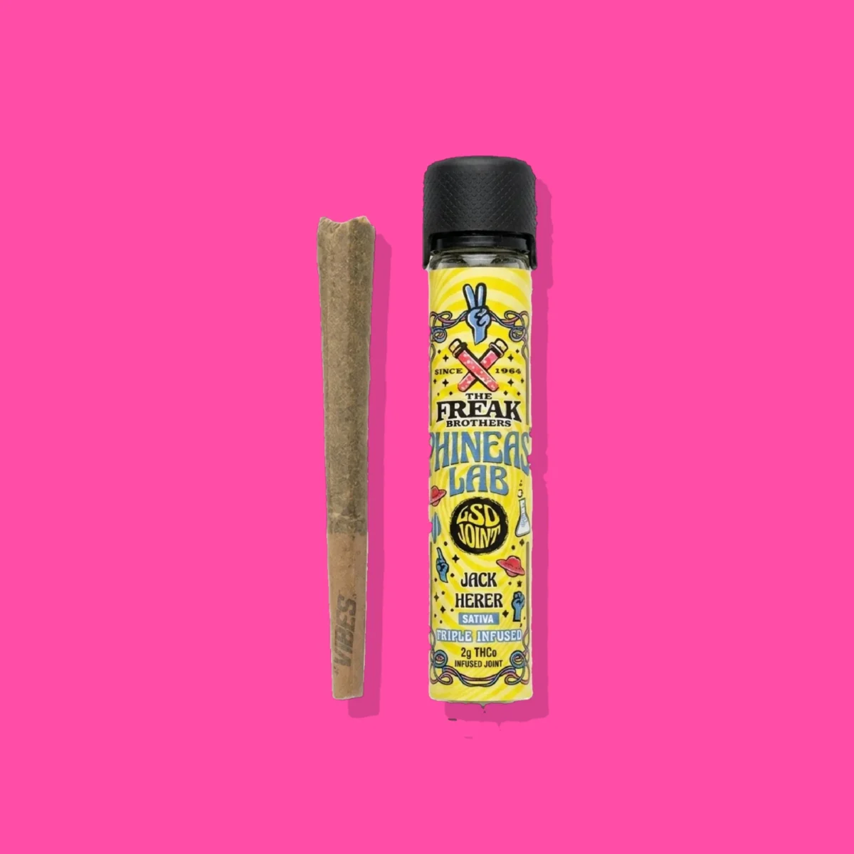 Jack Herer Pre-roll di Freak Brothers, la confezione su fondo fucsia