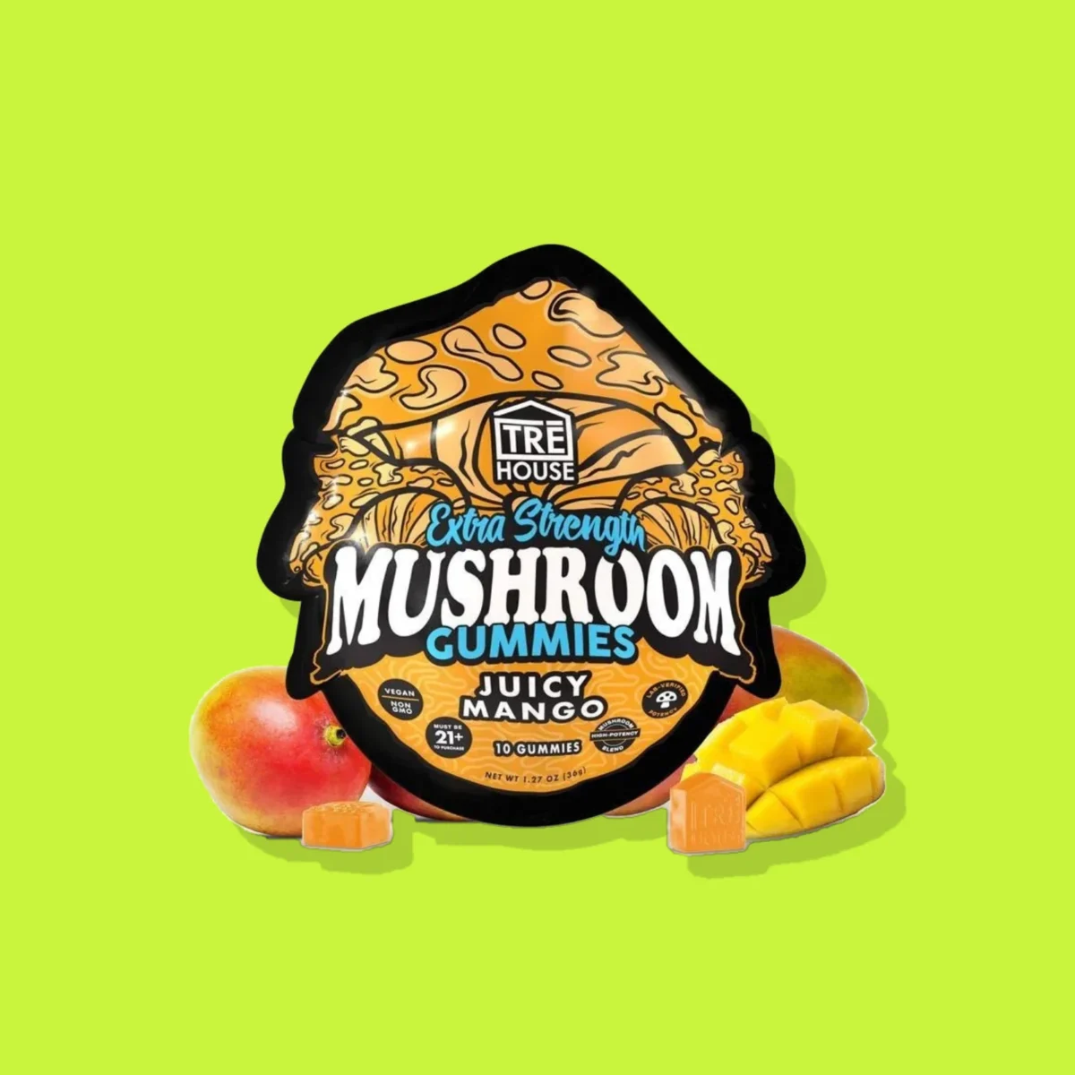 Juicy Mango Mushroom Gummies di Tre House, la confezione su fondo lime
