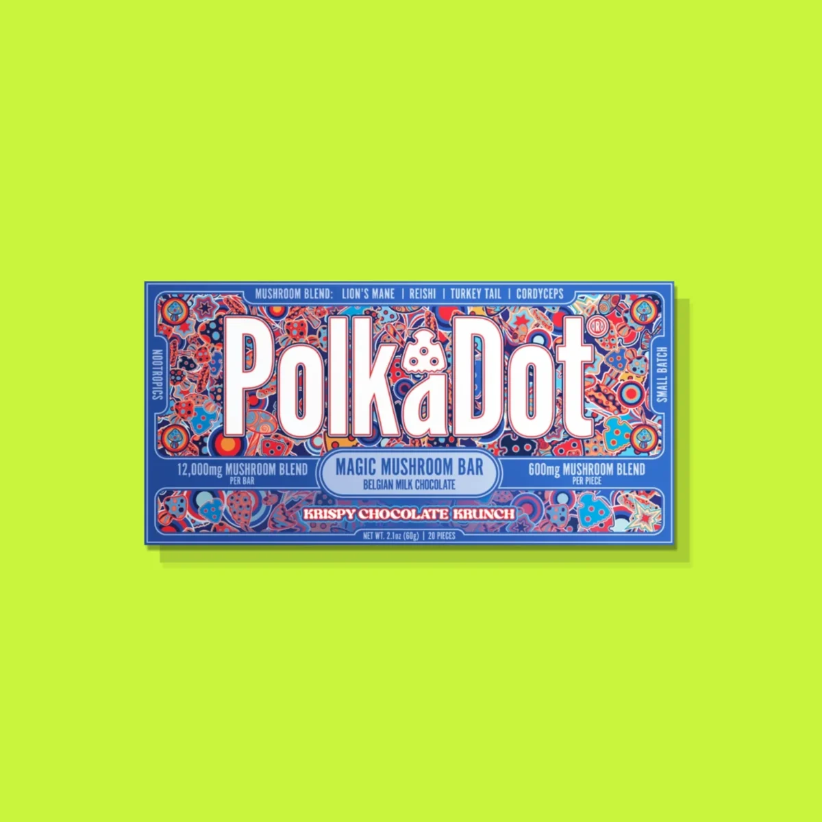 Krispy Chocolate Krunch di PolkaDot, la confezione su fondo lime