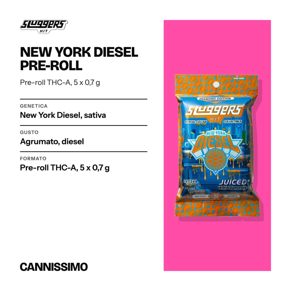 Scheda di New York Diesel Pre-roll, Sluggers. Genetica new York Diesel, sativa; gusto agrumato, diesel; formato pre-roll THC-A, 5 x 0,7 g.