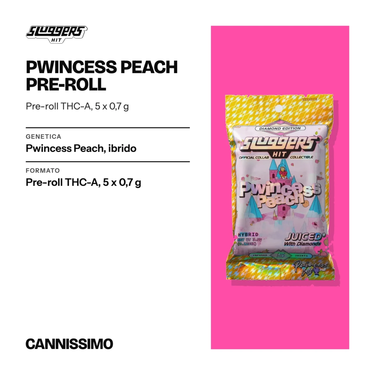 Scheda di Pwincess Peach Pre-roll, Sluggers. Genetica pwincess Peach, ibrido; formato pre-roll THC-A, 5 x 0,7 g.