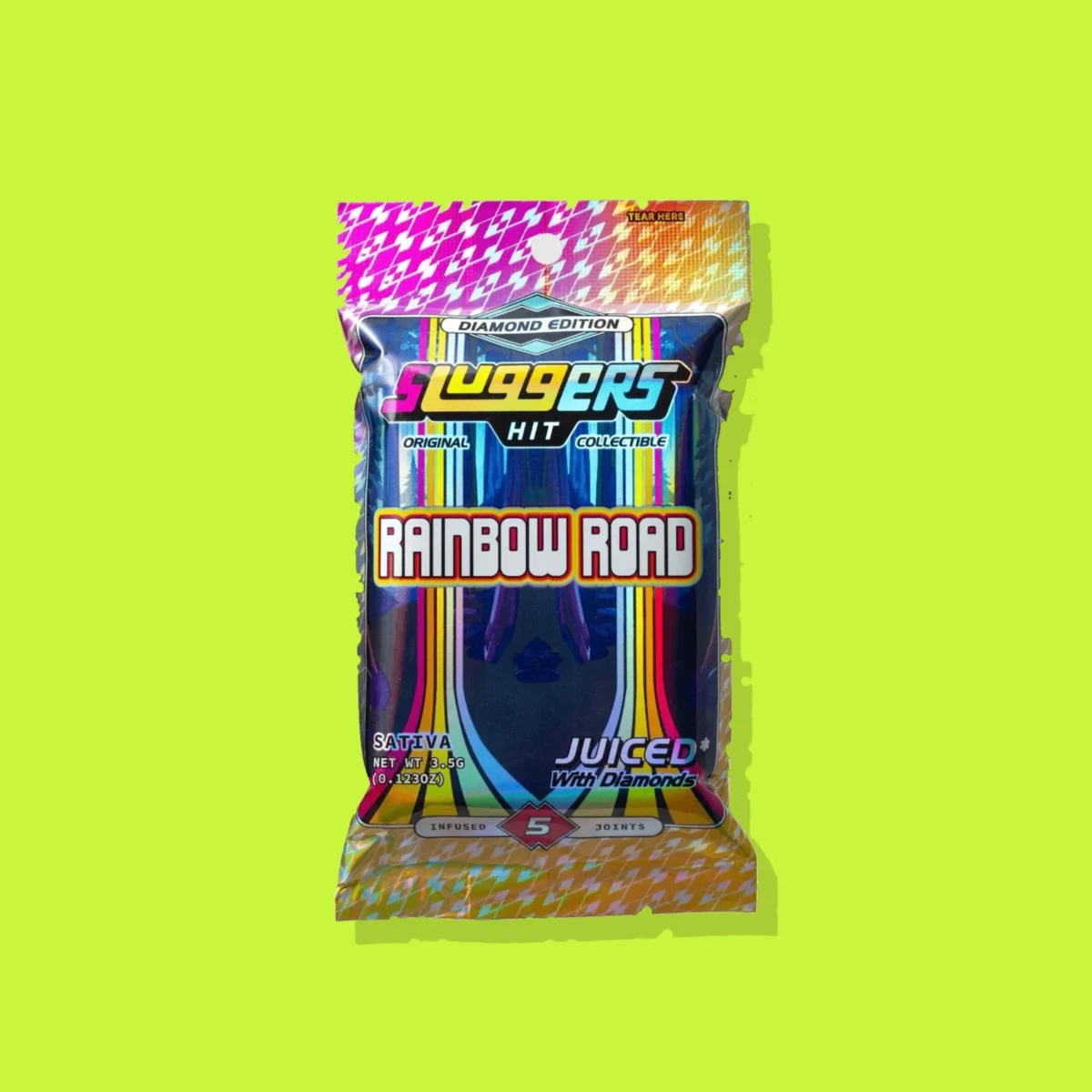 Rainbow Road Pre-roll di Sluggers, la confezione su fondo lime