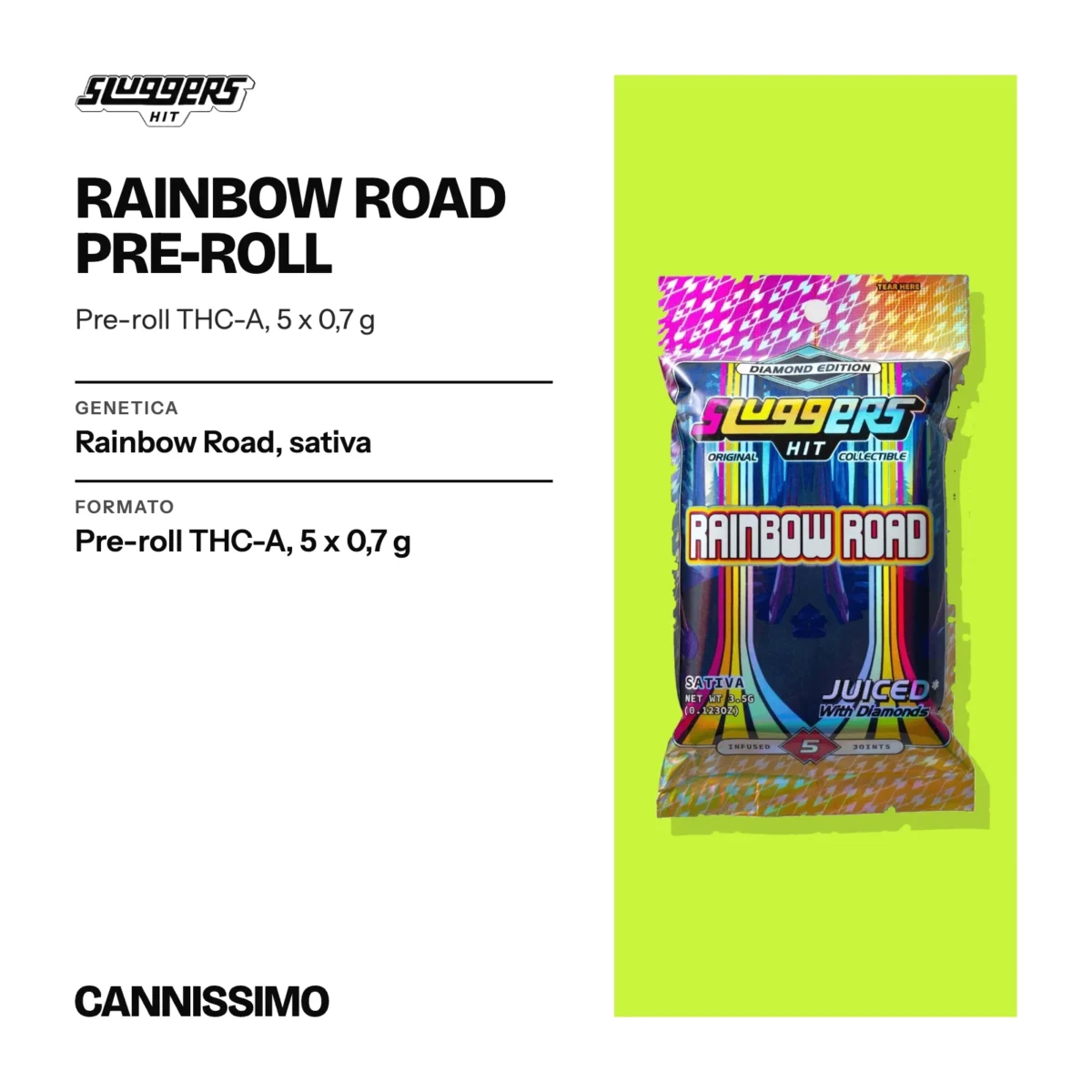 Scheda di Rainbow Road Pre-roll, Sluggers. Genetica rainbow Road, sativa; formato pre-roll THC-A, 5 x 0,7 g.