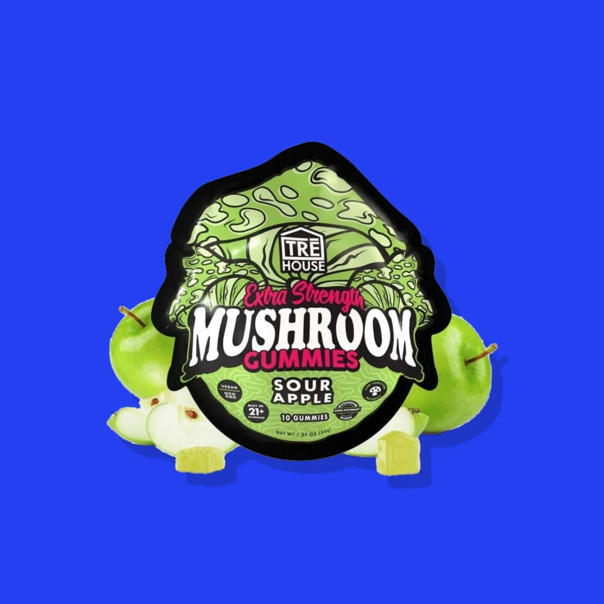 Sour Apple Mushroom Gummies di Tre House, la confezione su fondo blu