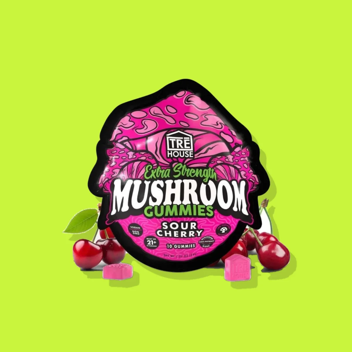 Sour Cherry Mushroom Gummies di Tre House, la confezione su fondo lime