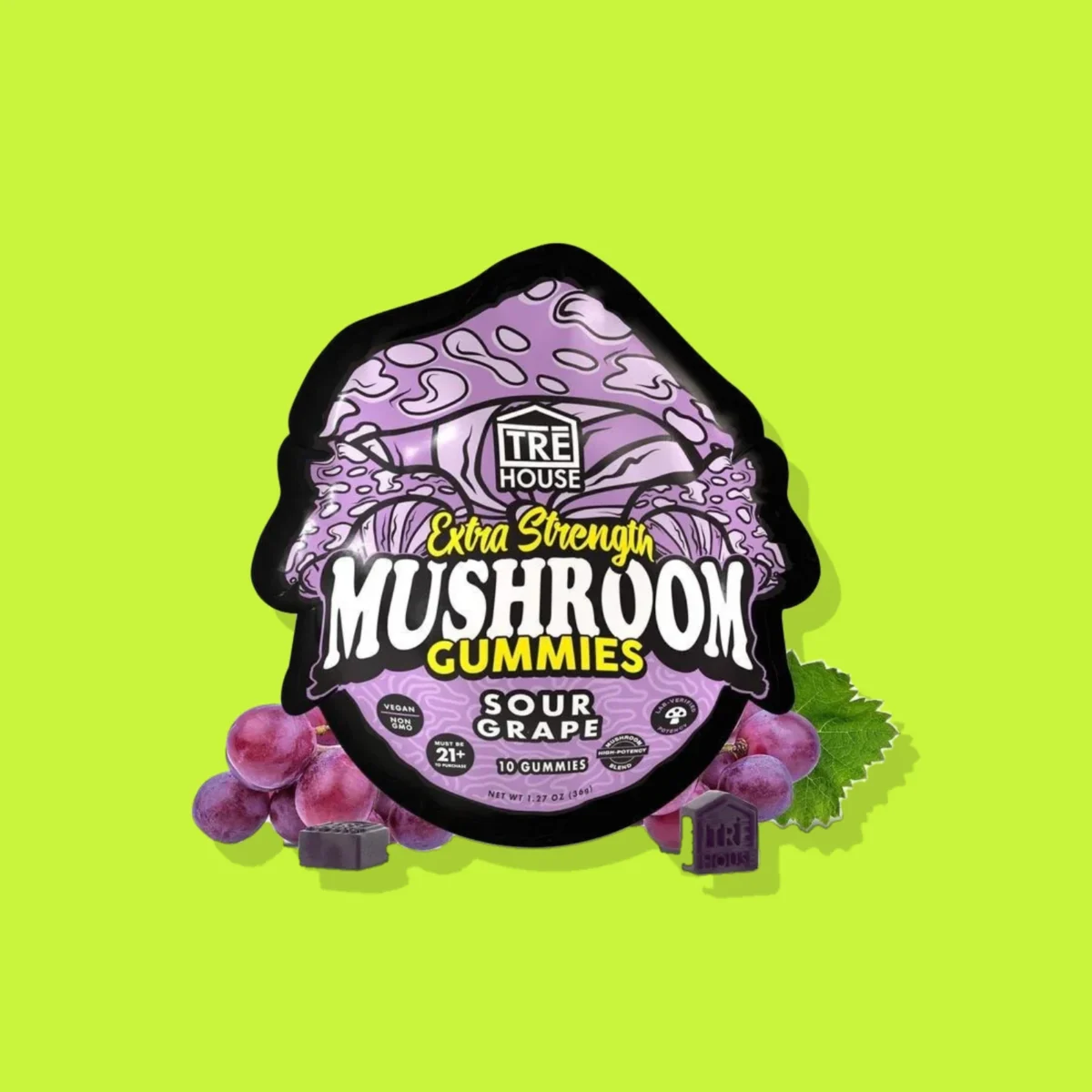 Sour Grape Mushroom Gummies di Tre House, la confezione su fondo lime