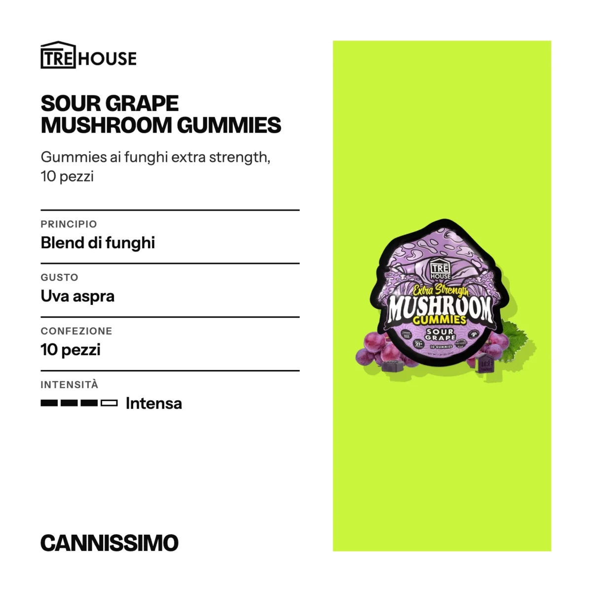 Scheda di Sour Grape Mushroom Gummies, Tre House. Principio blend di funghi; gusto uva aspra; confezione 10 pezzi; intensità intensa.
