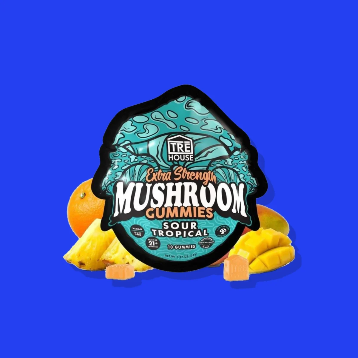Sour Tropical Mushroom Gummies di Tre House, la confezione su fondo blu