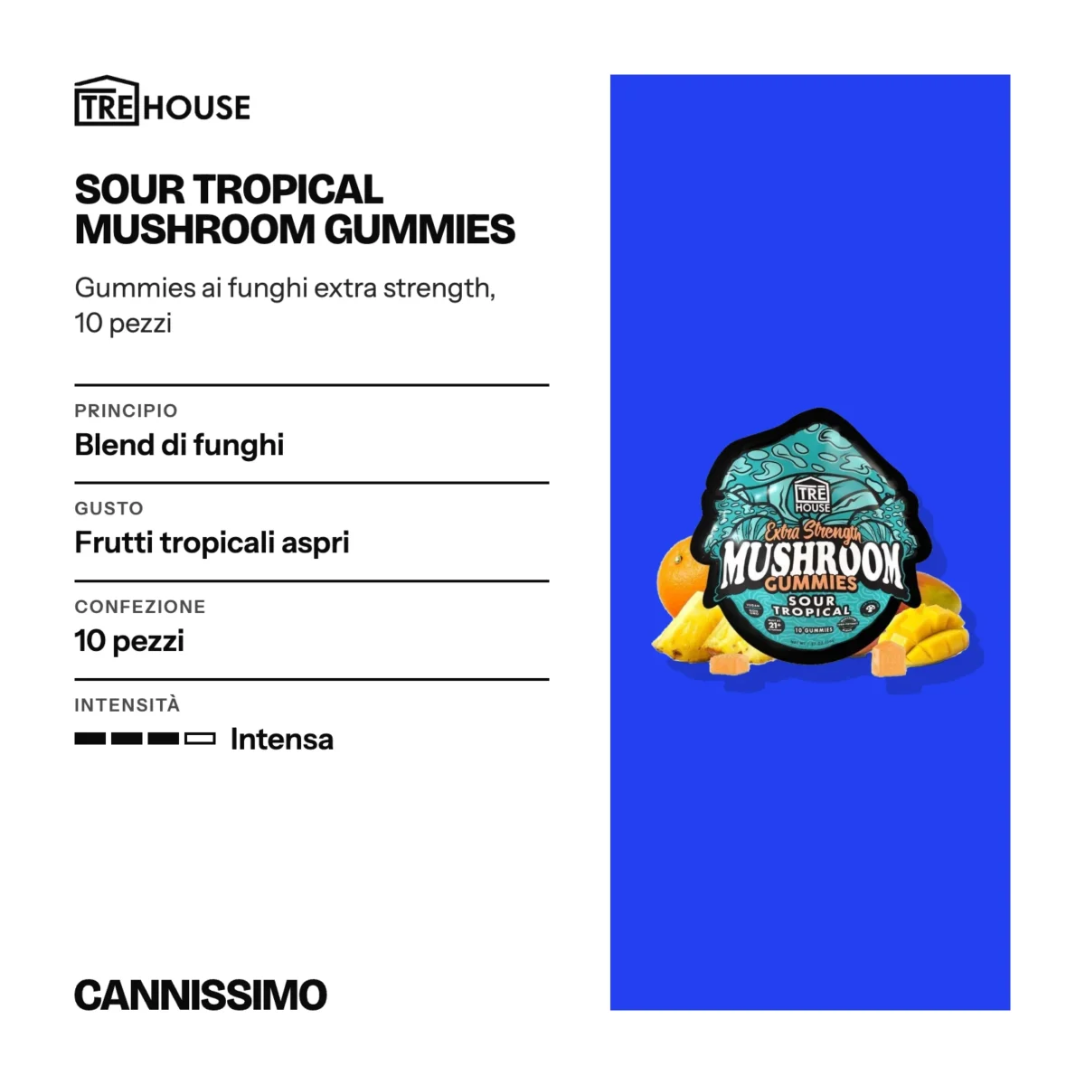 Scheda di Sour Tropical Mushroom Gummies, Tre House. Principio blend di funghi; gusto frutti tropicali aspri; confezione 10 pezzi; intensità intensa.