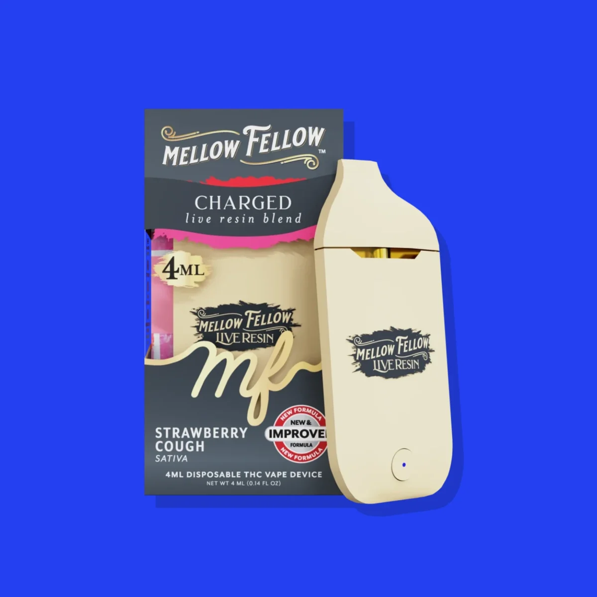 Strawberry Cough Charged Blend di Mellow Fellow, la confezione su fondo blu