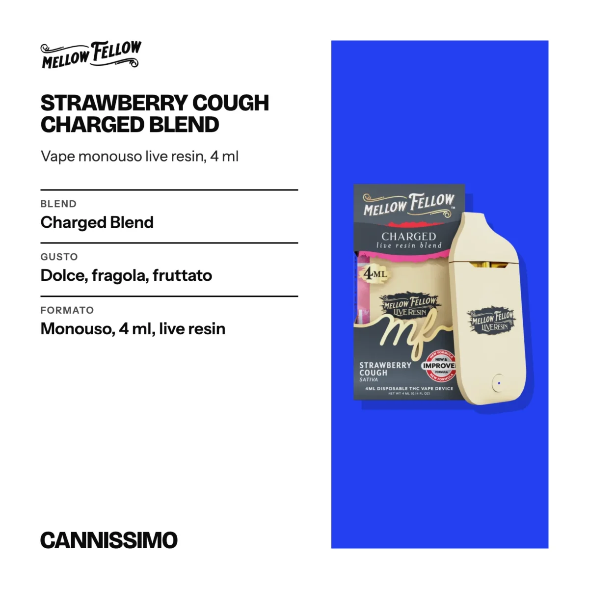 Scheda di Strawberry Cough Charged Blend, Mellow Fellow. Blend charged Blend; gusto dolce, fragola, fruttato; formato monouso, 4 ml, live resin.