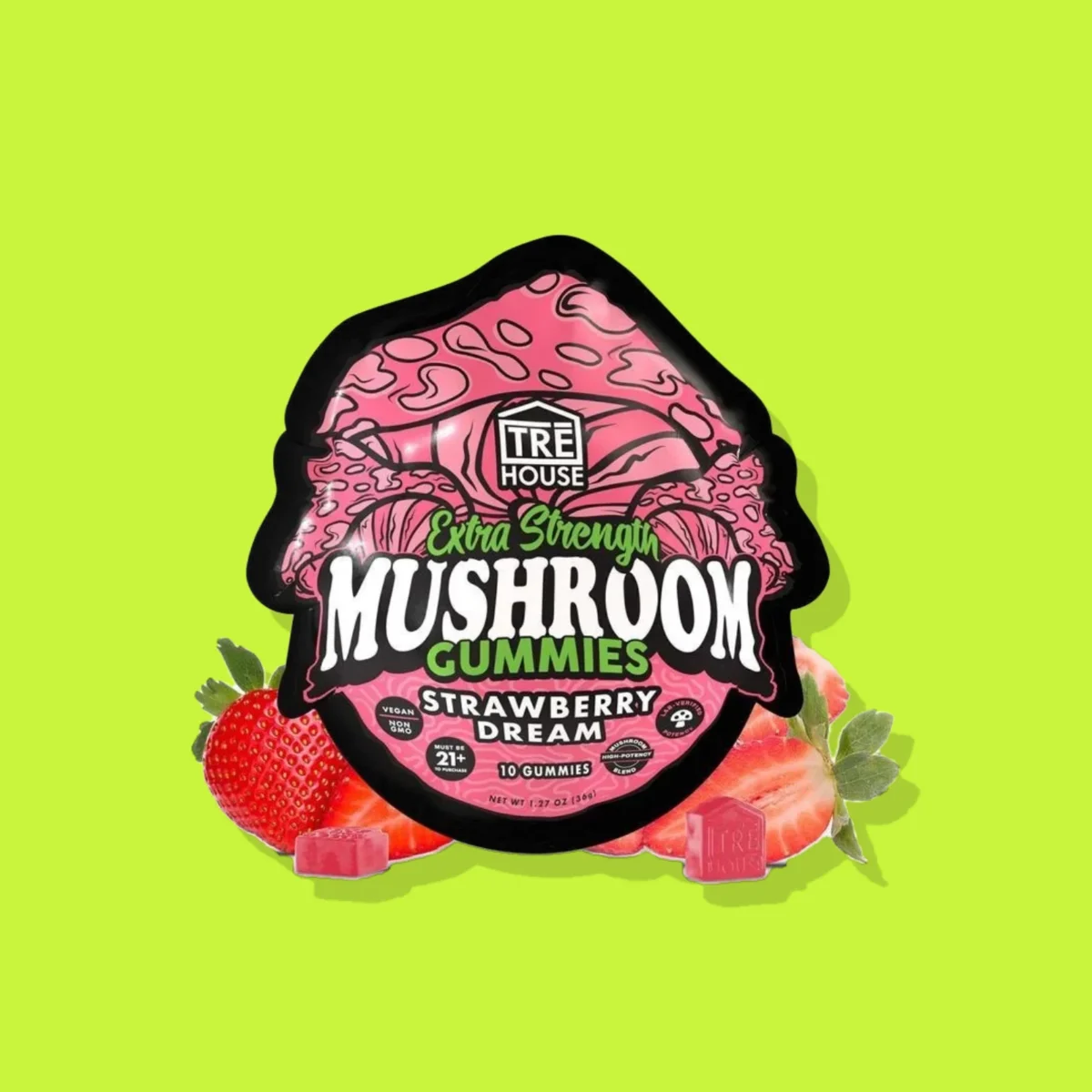 Strawberry Dream Mushroom Gummies di Tre House, la confezione su fondo lime