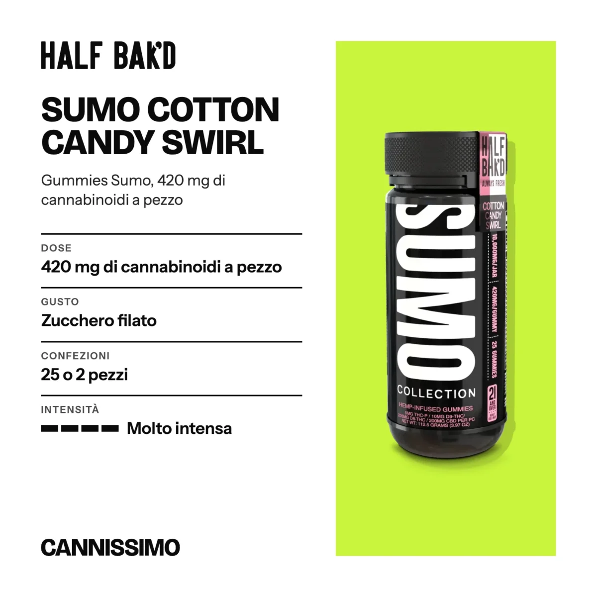 Scheda di Sumo Cotton Candy Swirl, Half Bak'd. Dose 420 mg di cannabinoidi a pezzo; gusto zucchero filato; confezioni 25 o 2 pezzi; intensità molto intensa.