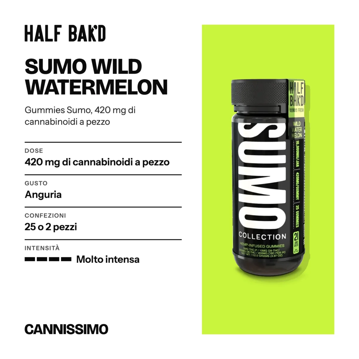 Scheda di Sumo Wild Watermelon, Half Bak'd. Dose 420 mg di cannabinoidi a pezzo; gusto anguria; confezioni 25 o 2 pezzi; intensità molto intensa.