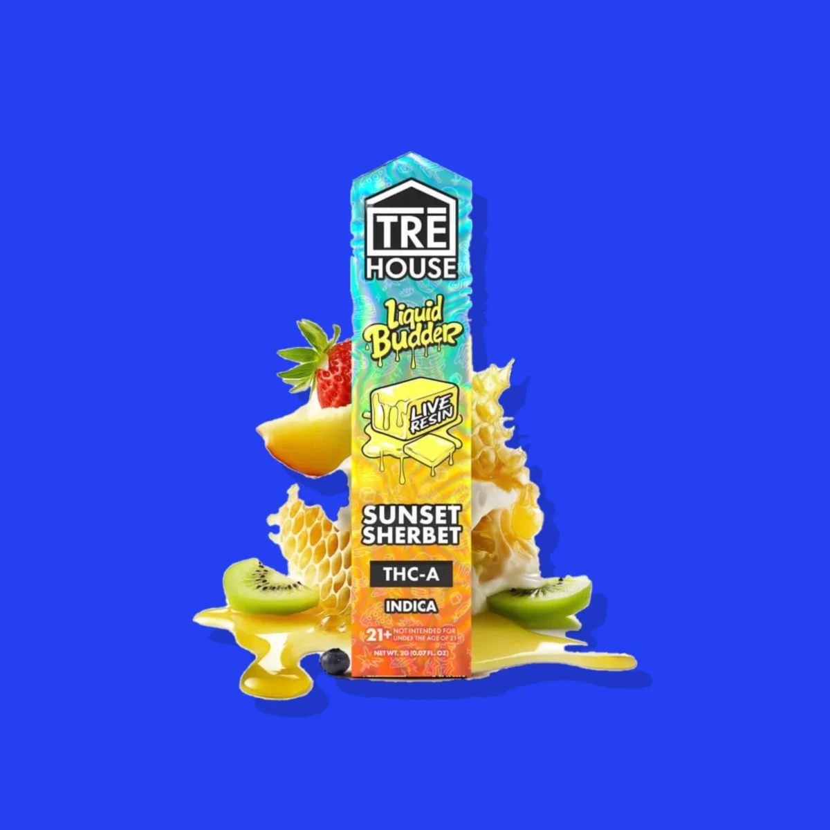 Sunset Sherbet Liquid Budder di Tre House, la confezione su fondo blu